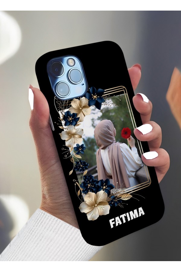 Lacivert Çiçekli  Fotoğraflı İsimli Tasarımlı Baskılı  Kılıf