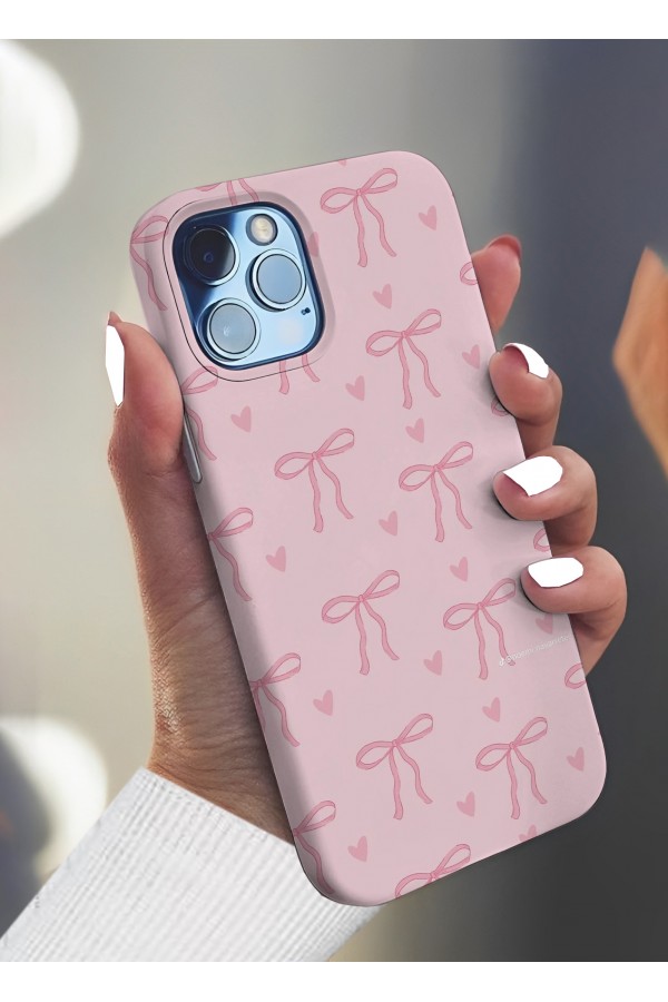 Bir Sürü Kalpli Pembe Kurdeleli Tasarımlı Baskılı  Kılıf