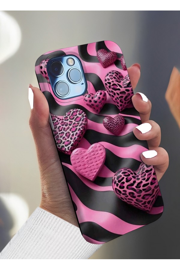 Kalp Pembe & Siyah Tasarımlı Baskılı  Kılıf