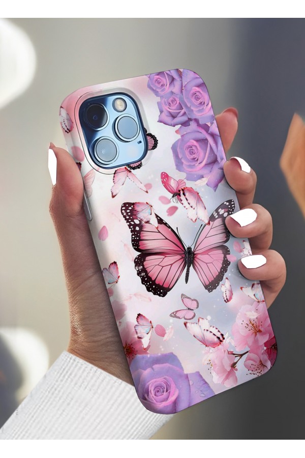 Pembe Kelebek & Gül  Tasarımlı Baskılı  Kılıf