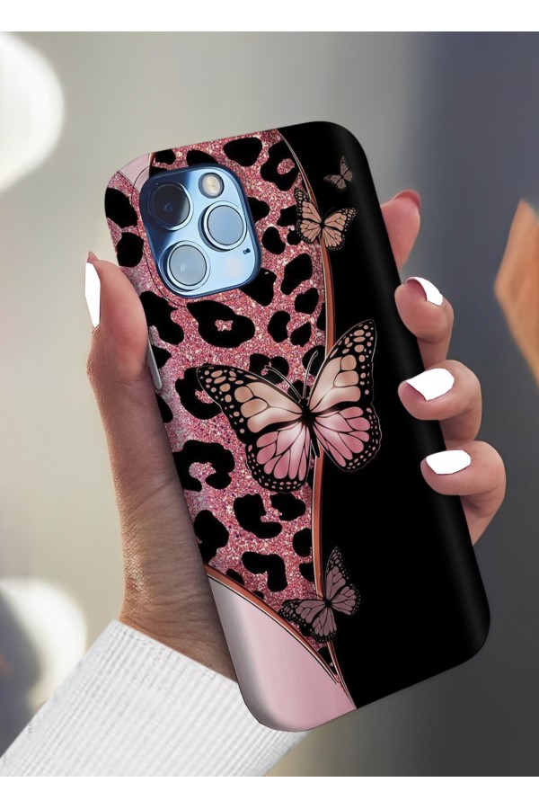 Simli Pink Kelebek Tasarımlı Baskılı  Kılıf
